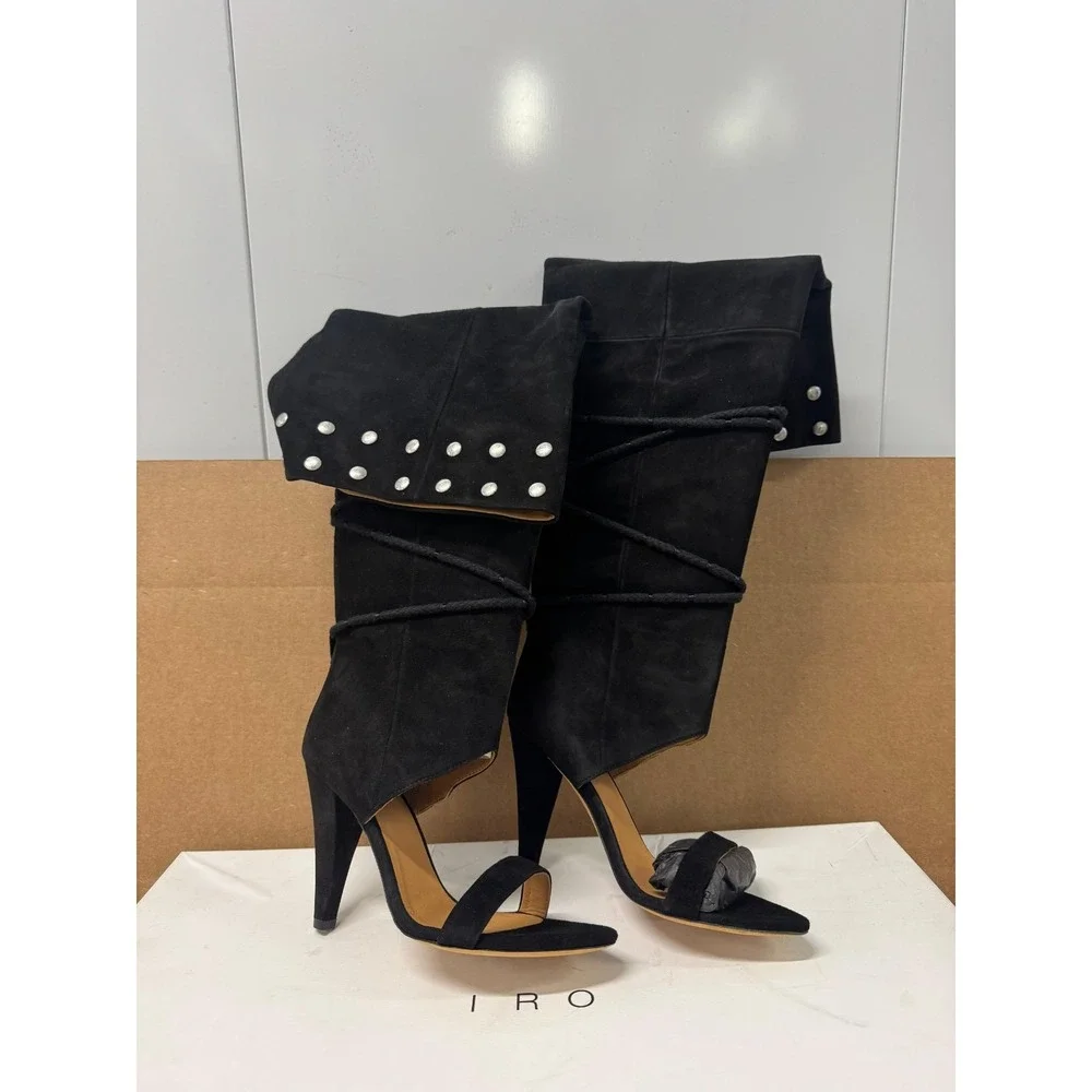 IRO Paris Lotta Over-the-Knee Open-Toe Heel Boot Sandals Black Womens Size 37 EU